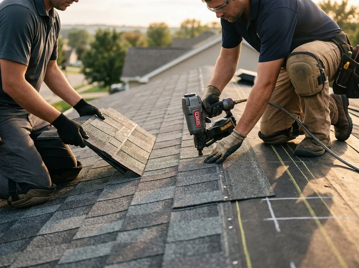 Professional roofer working on a residential roof in Whitefish Bay